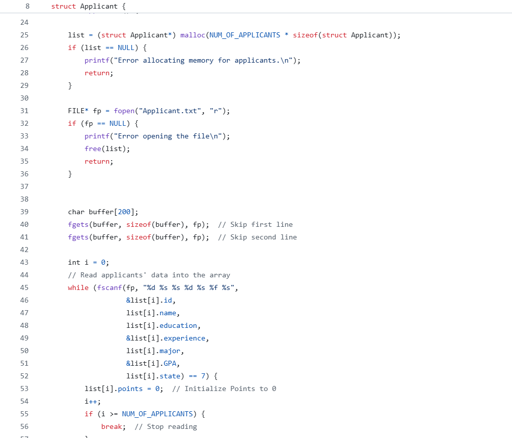 Screenshot showing C code logic for applicant ranking